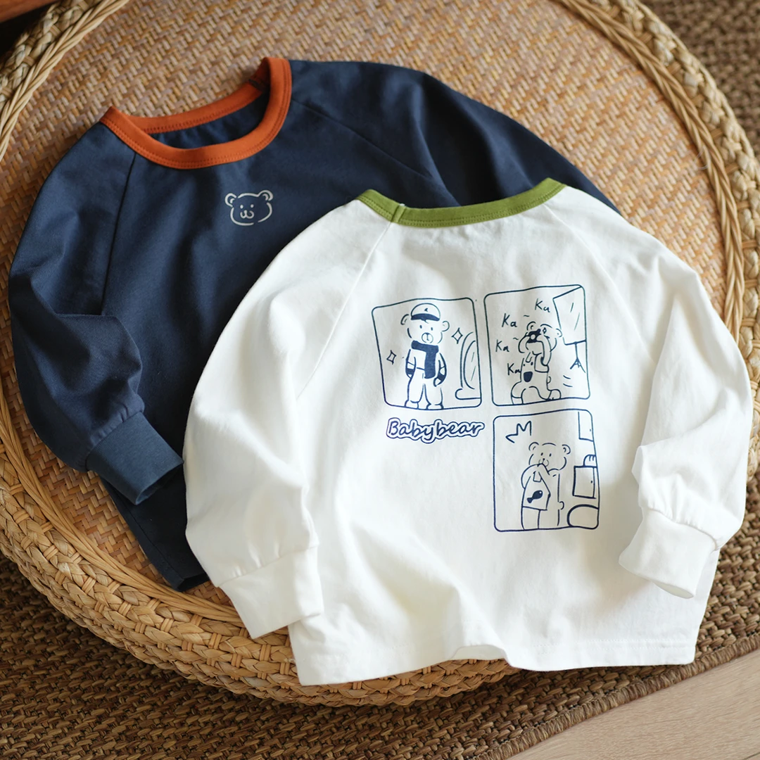 A类 儿童全棉小熊圆领长袖T恤 纯棉撞色打底衫 中小童春秋款24259