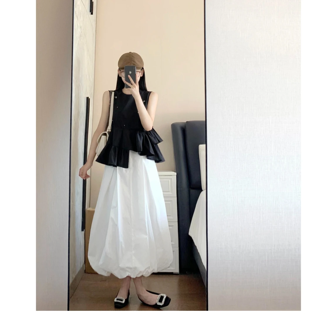 2025夏季新款不规则钉珠荷叶边无袖衬衫女百搭衣服花苞半身裙两件