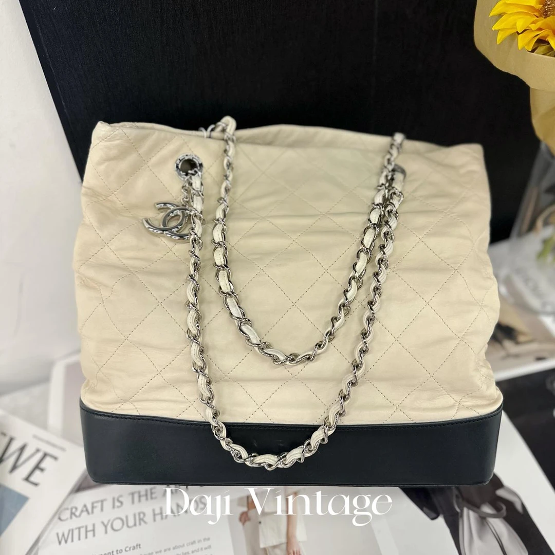 95新 Chanel/香奈儿 大吉中古/Chanel香奈儿拼色银扣托特单肩包