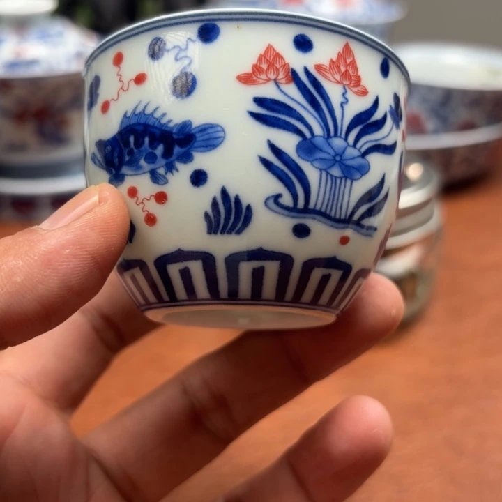 摆件缸杯青花釉里红鱼藻景德镇发货