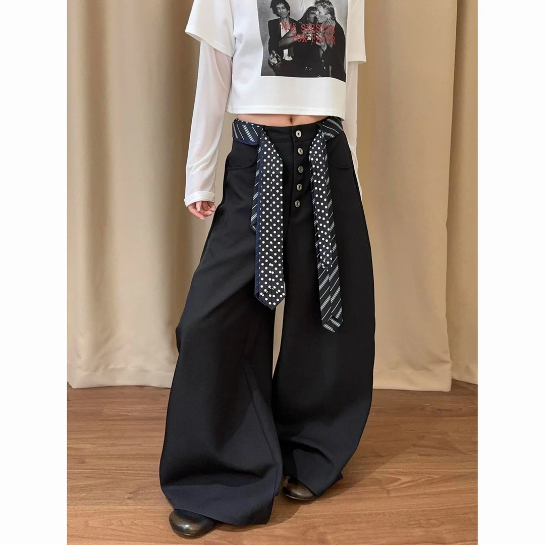 美式复古领带西装休闲裤女2025早秋流行穿搭慵懒松弛阔腿拖地长裤