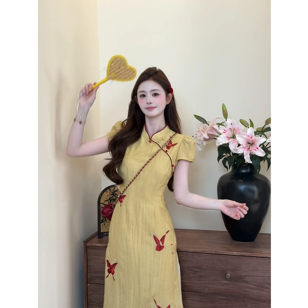 七七很芒【花坊下】新中式晕染蝴蝶刺绣旗袍夏季拼接连衣裙XMZH7189