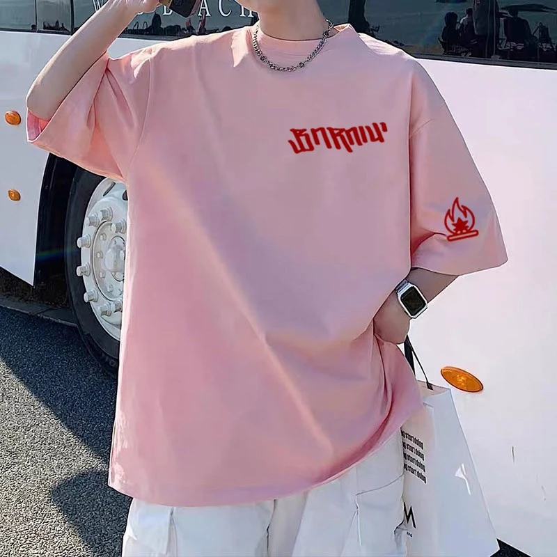 日系100%纯棉短袖t恤男生宽松大码上衣美式潮牌港风时尚休闲半袖