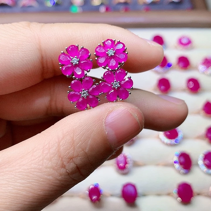 红宝石耳饰银S925镶嵌