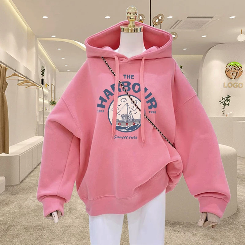 粉色连帽卫衣女2024宽松新款加绒字母印花上衣加厚休闲运动外套