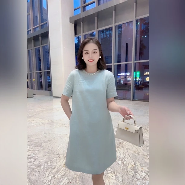 【深圳南油】夏季新款单层重工钉钻金丝亚麻透气轻薄遮肉显瘦连衣裙