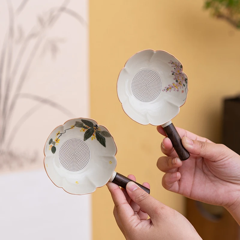 手绘桂花茶漏茶滤全瓷孔过滤网滤茶一体公道杯过滤网泡茶神器木柄