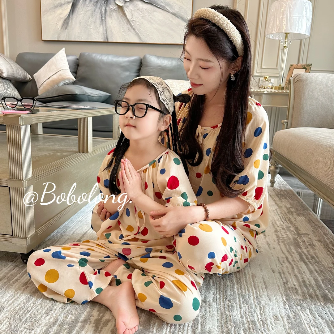 【莱赛尔棉绸】夏季新款亲子棉绸睡衣短袖家居服女童大中薄款套装