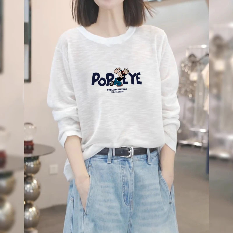 宽松竹节棉圆领长袖t恤女士春秋季纯棉印花气质时髦显瘦女装上衣