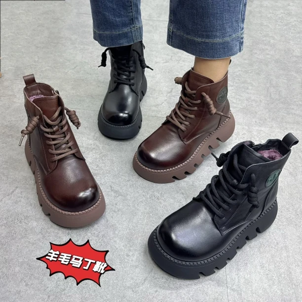 【羊毛】纯牛皮厚底增高马丁靴50189-8保暖软底短靴英伦风雪地靴