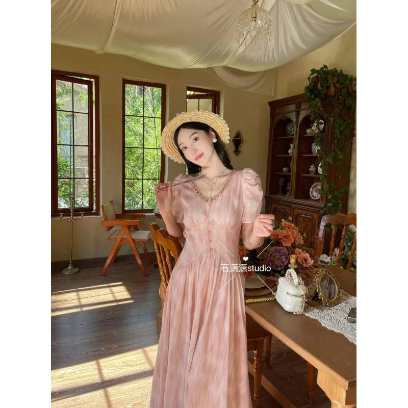 【石潇潇专属】夏季花苞袖绝美小裙子法式高级感气质碎花V领收腰裙