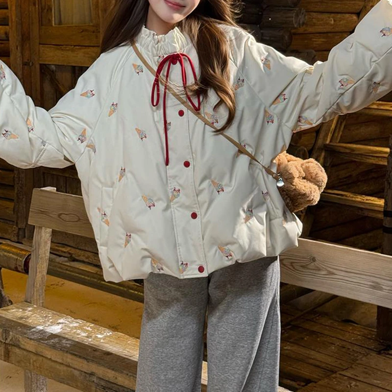 时尚舒适柔软短款棉服女2025年秋冬季新款冰淇淋刺绣大气保暖棉衣