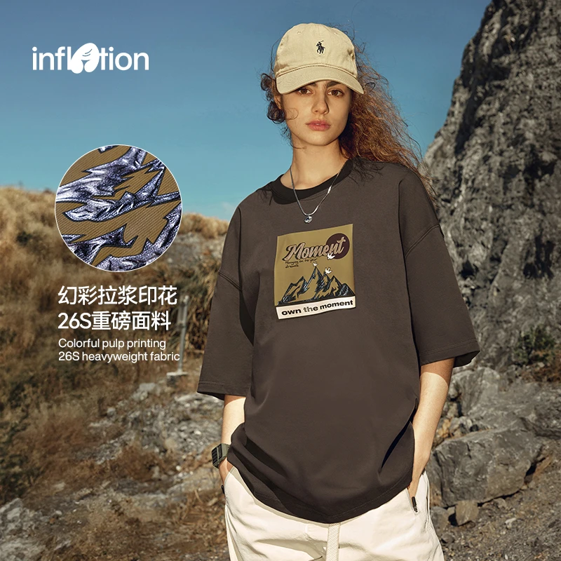 膨胀潮牌265G山系烫银印花T恤2025春夏新品宽松潮牌重磅圆领上衣