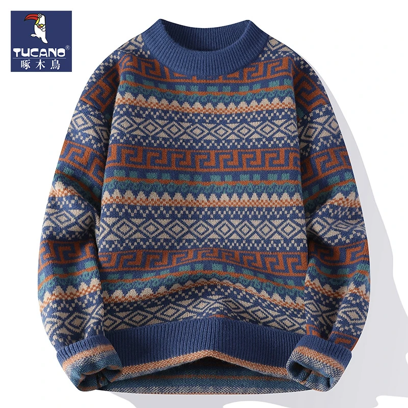 毛衣男款个性保暖圆领羊毛衫加厚内搭打底针织衫秋冬拼色上衣潮