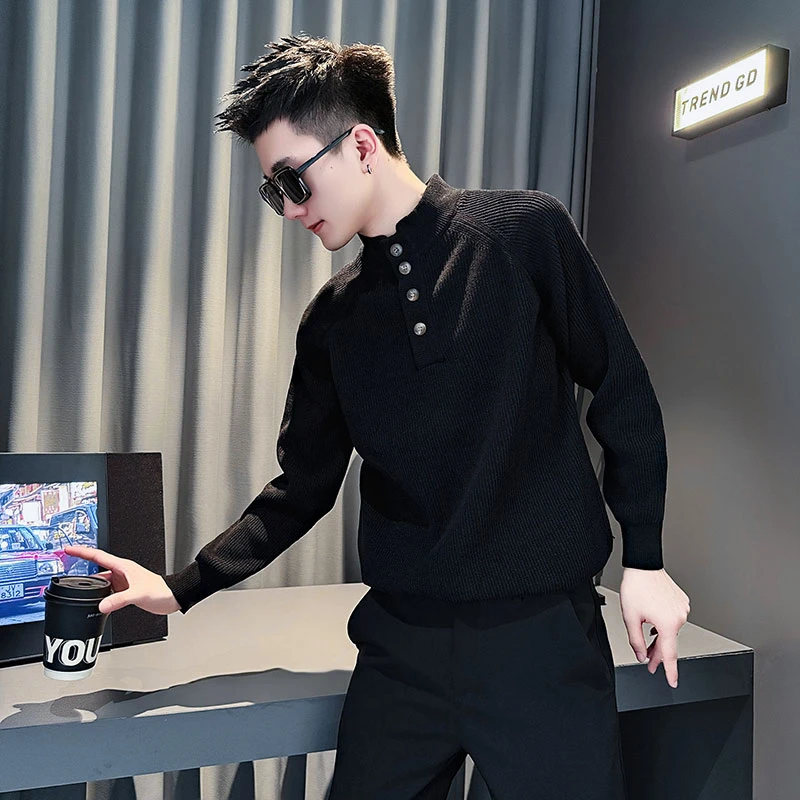 高级感半高领痞帅毛衣男款潮牌排扣设计感针织打底衫长袖体恤外套