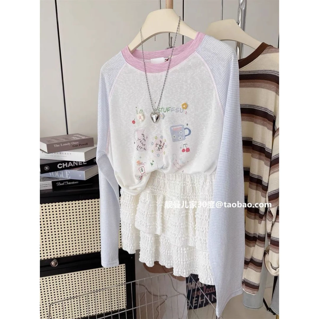 2025新款200斤大码胖mm印花雪花棉防晒罩衫长袖T恤女蓝色条纹