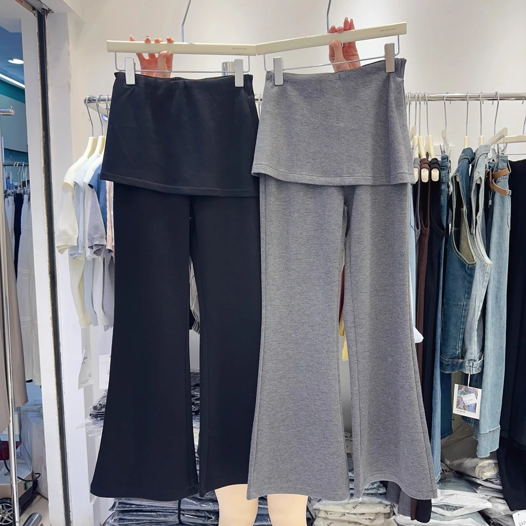 秋冬加绒加厚韩版屁帘假两件微喇裤女大码梨形遮跨显瘦百搭休闲裤