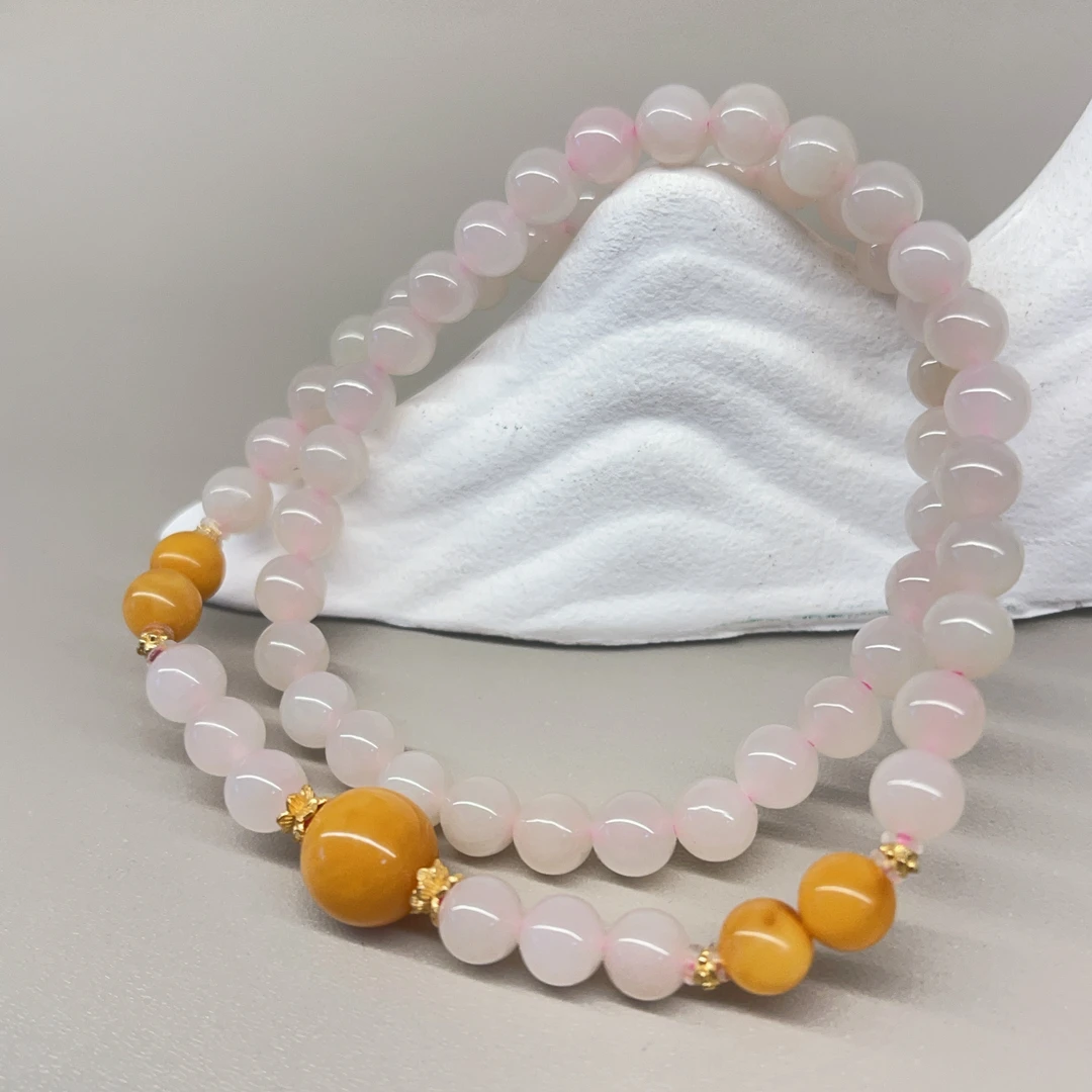 【珊木居】S1745JY 月夕花晨 藕粉和田玉0.5圆珠+蜜蜡双圈手串