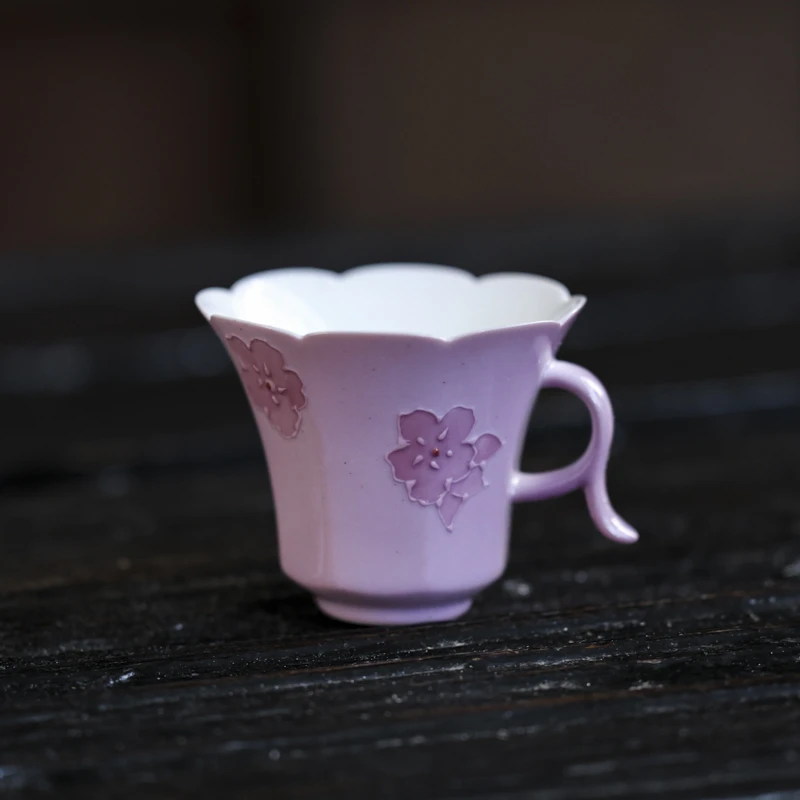 【陶珊居】紫色花朵把手咖啡杯（斋居底款）60ml（Q6853）
