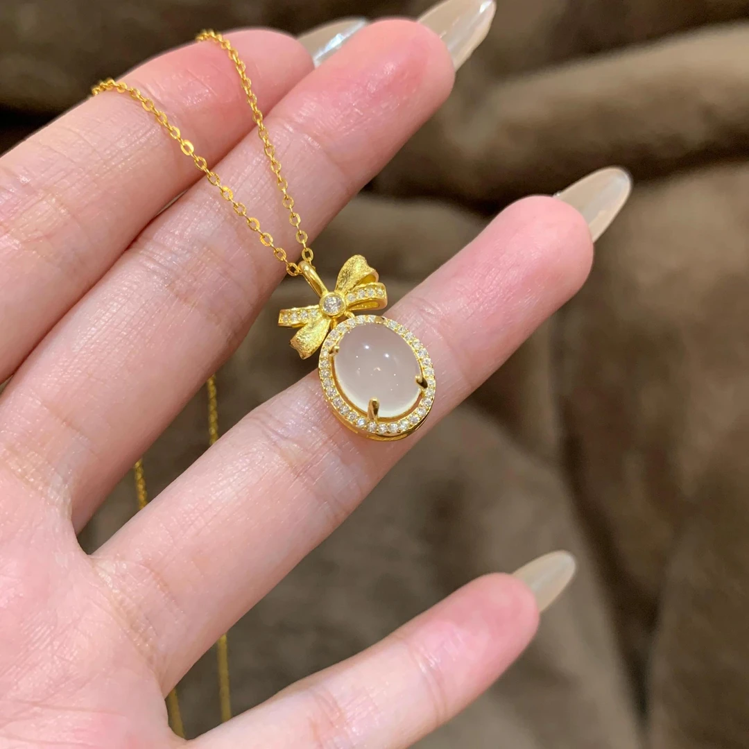 链子925银莫桑石 小鸽子蛋面吊坠蝴蝶结甜美可爱项链0161