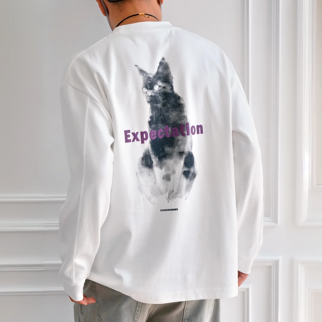 美式潮牌扎染猫咪印花圆领长袖T恤男早秋时尚新款字母印花打底衫