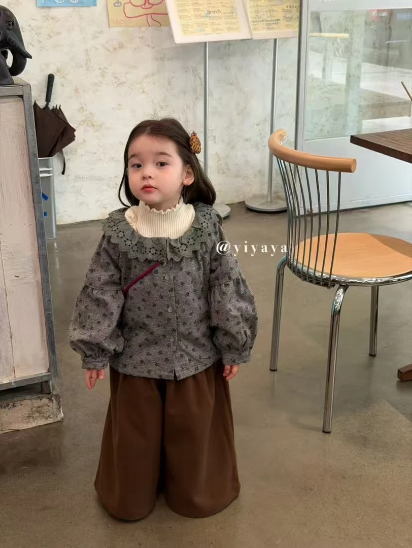 韩版女童灰色花边碎花外套百搭休闲洋气开衫咖色加厚休闲裤套装