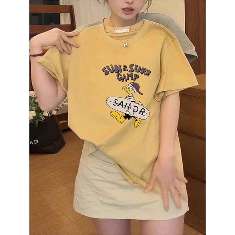 2025新款正肩圆领短袖t恤女装小众高级设计感黄色上衣春夏季潮牌