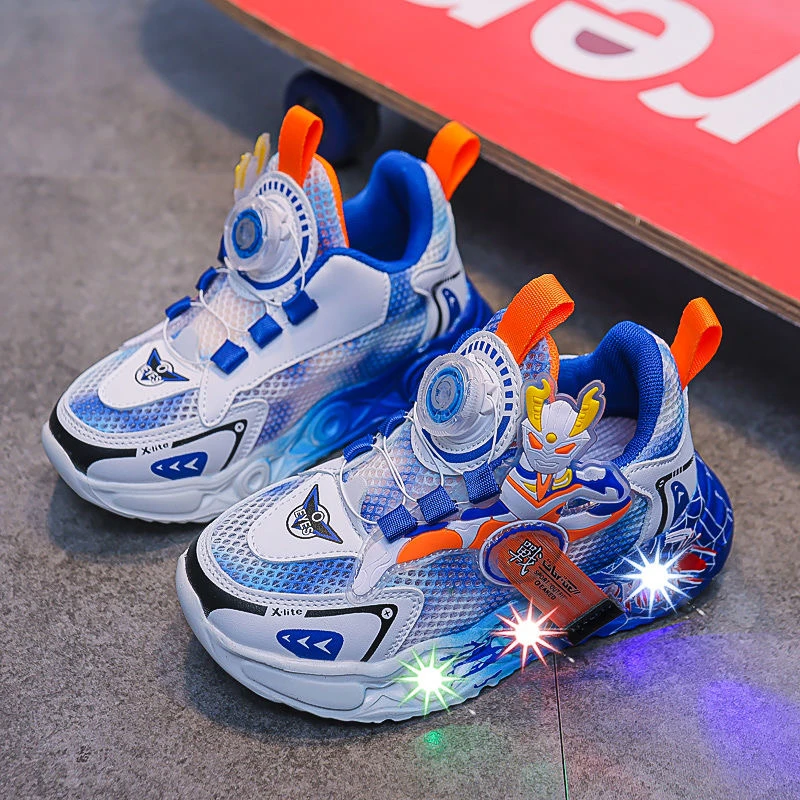 男童鞋子春秋网面儿童运动鞋2025新款卡通旋转纽扣网鞋发光童鞋