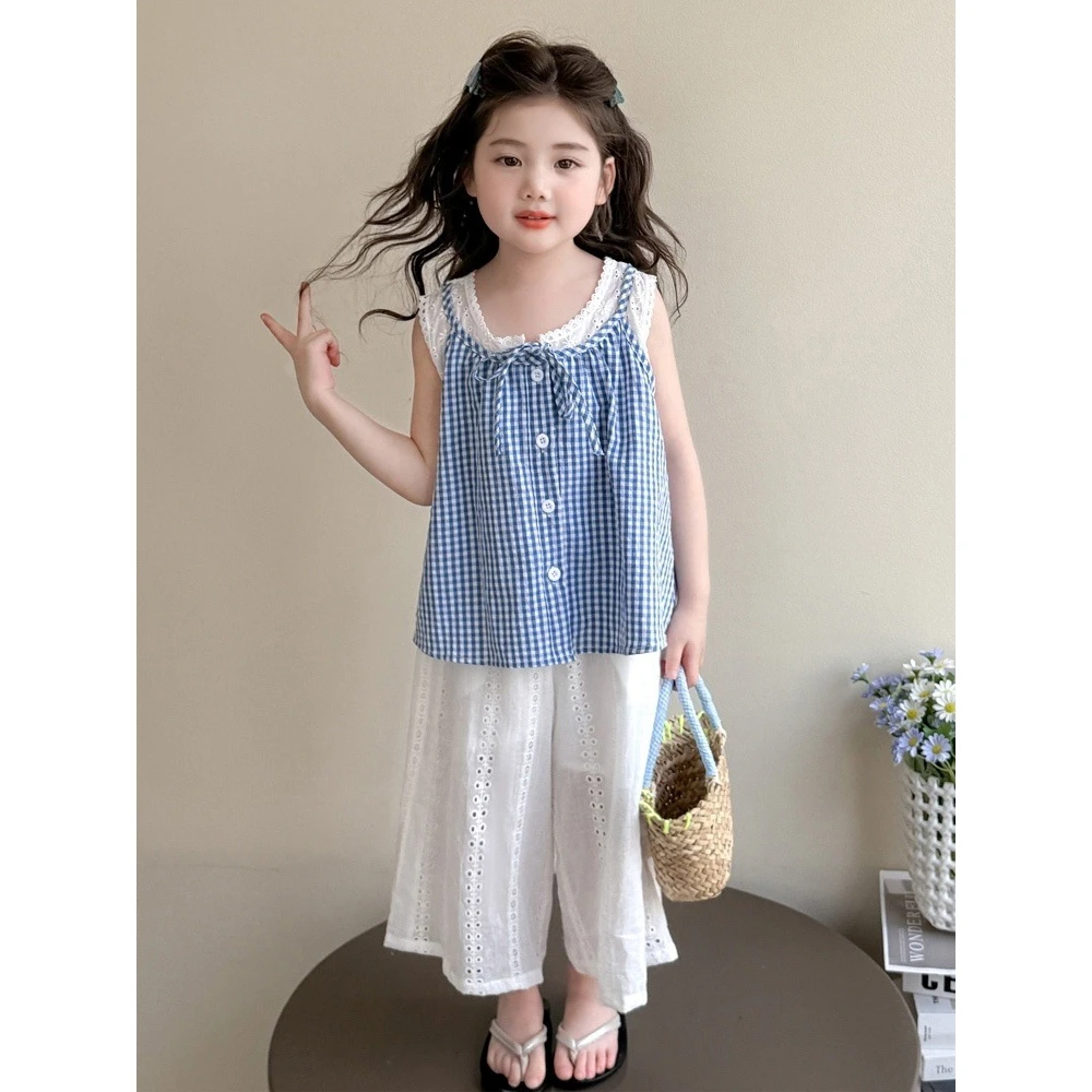 女童套装夏季2025新款儿童韩系女宝宝洋气格子背心阔腿裤两件套潮