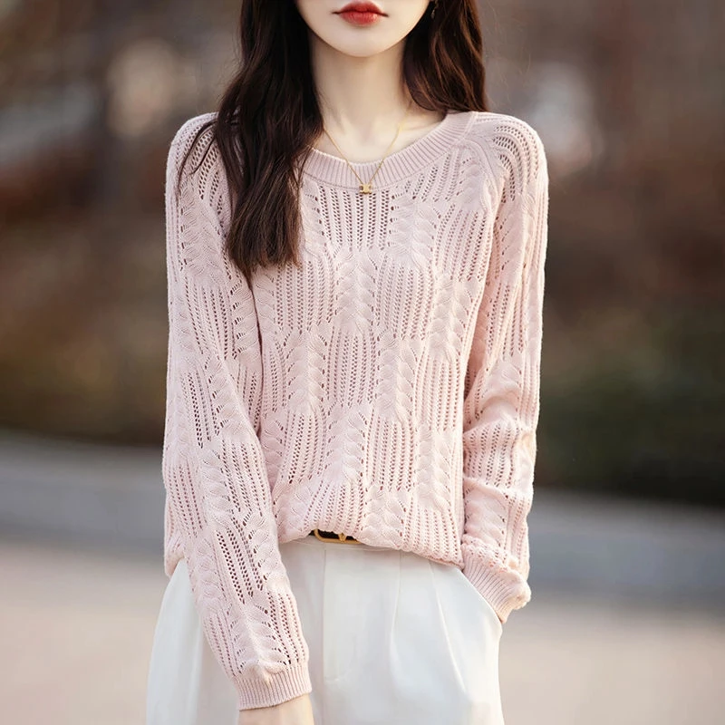 2025新款纯棉镂空针织衫女士上衣设计感宽松长袖春夏圆领打底衫