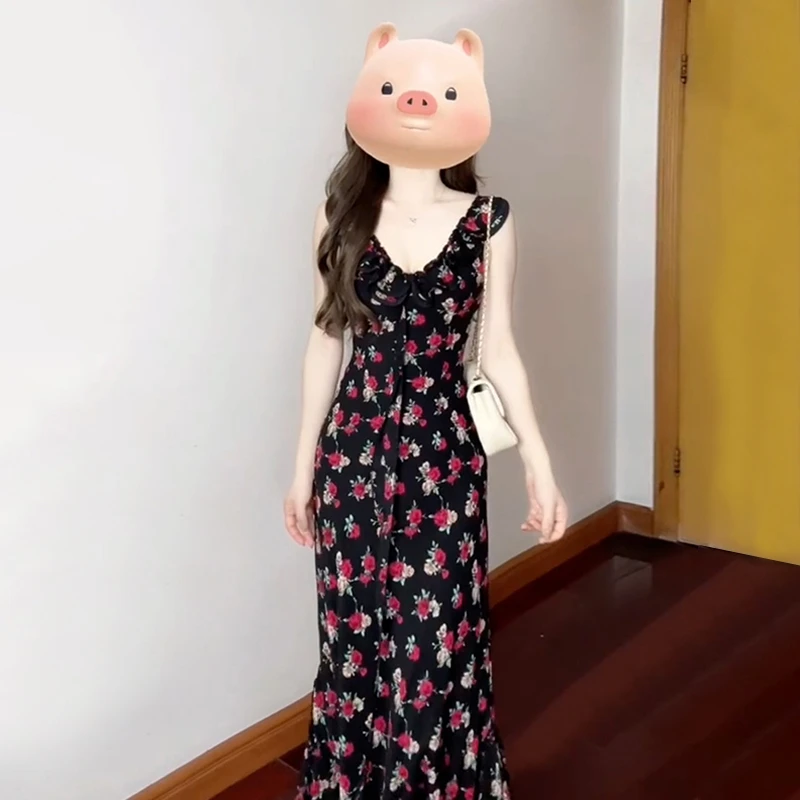 茶歇法式黑色碎花小飞袖连衣裙子女夏季2025年新款收腰长裙3595