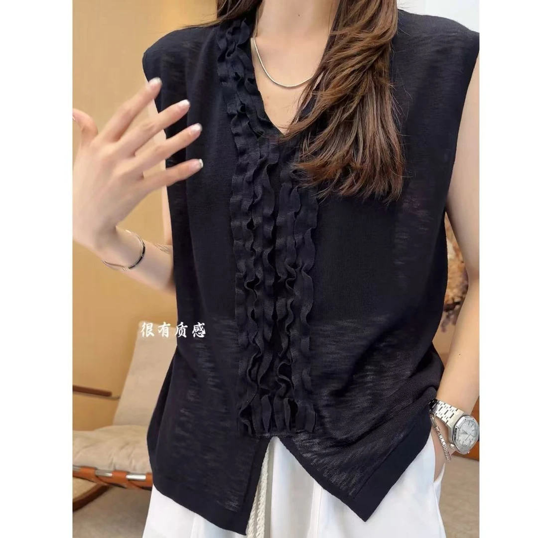 小静静一会【木耳边针织背心】2025夏款设计感百搭t恤上衣2506C3471