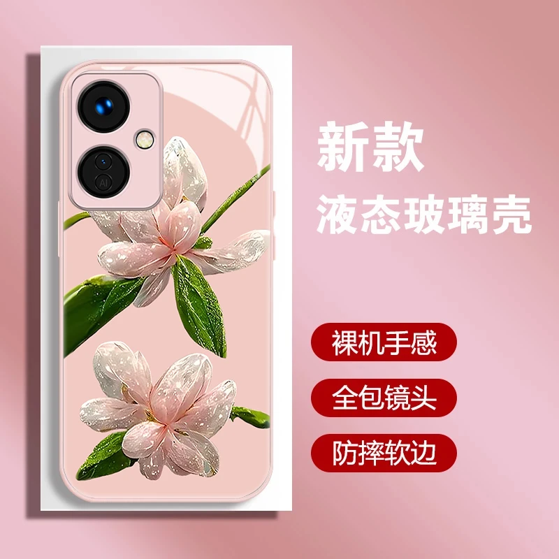 适用荣耀400系列晶莹剔透粉色茉莉花金属漆水凝壳防摔手机壳