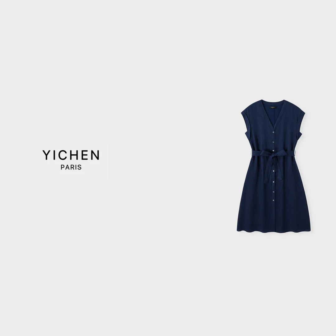 YC 藏蓝色V领小飞袖松弛感中长款亚麻连衣裙-5030