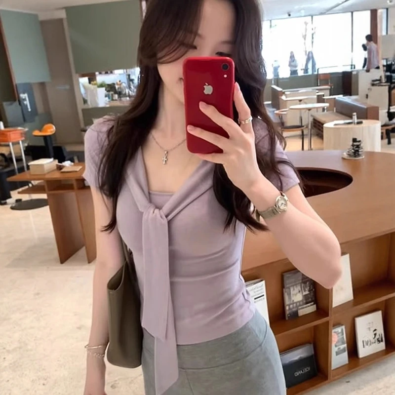 韩系小香风紫色绑带短款披肩针织短袖女t恤夏季修身显瘦系带上衣