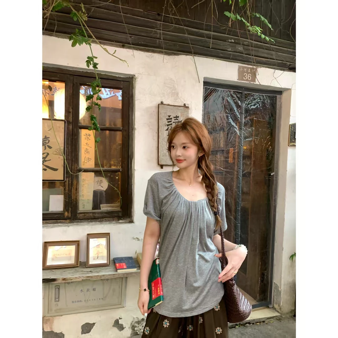 im向 法式褶皱U领正肩短袖宽松百搭显瘦T恤