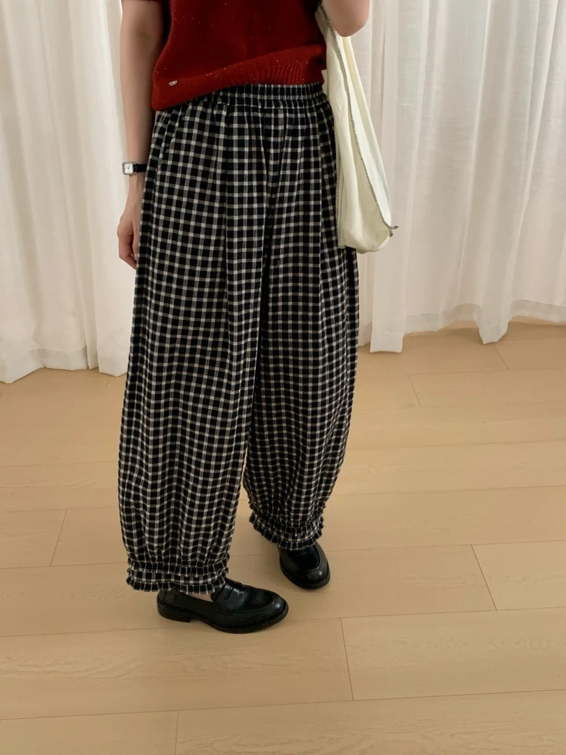 28665韩系秋款甜美格子设计感宽松休闲阔腿裤