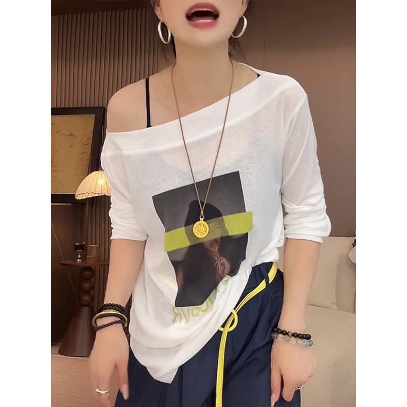 【糖果女孩】韩版字母印花露肩长袖T恤女夏季2025新款微透防晒上衣