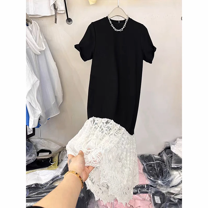 T恤裙女2025春夏新款欧韩货网纱刺绣拼接显瘦网红长款短袖连衣裙