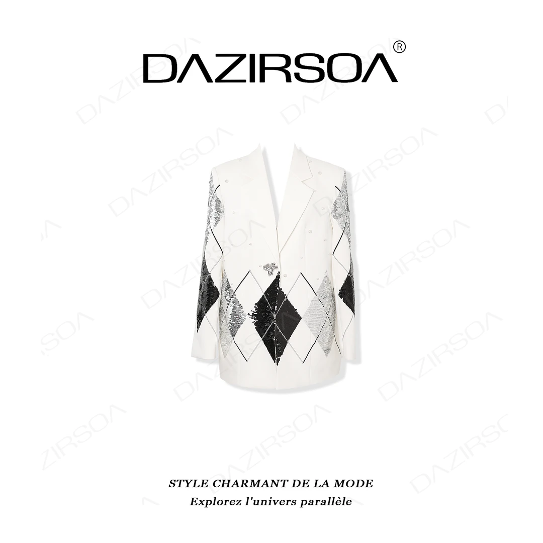 DAZIRSOA/达姿“冰川时光”时尚百搭拼接菱形格亮片西装外套 W669