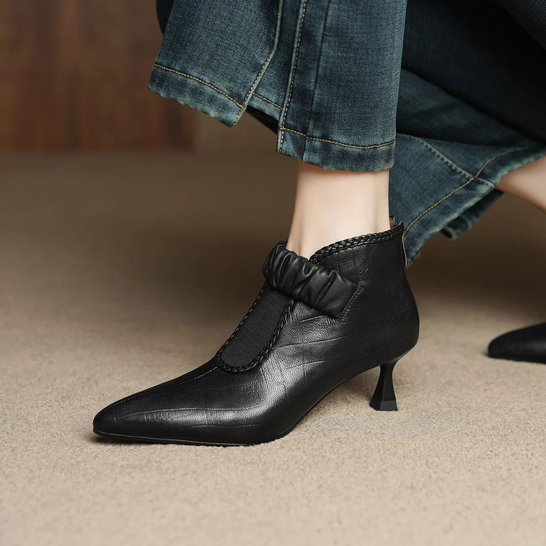 6cm小众设计羊皮松紧口短靴细跟棕色加绒裸靴秋冬百搭高跟单靴子