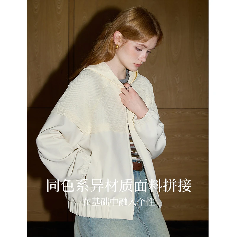 库恩玛维日系简约拼接外套女2025年早春新款青春休闲短款连帽上衣