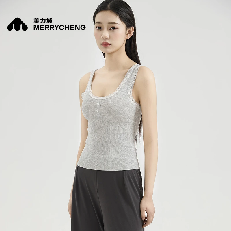 美力城蕾丝花边吊带背心女内搭夏季外穿短款纽扣辣妹抹胸上衣