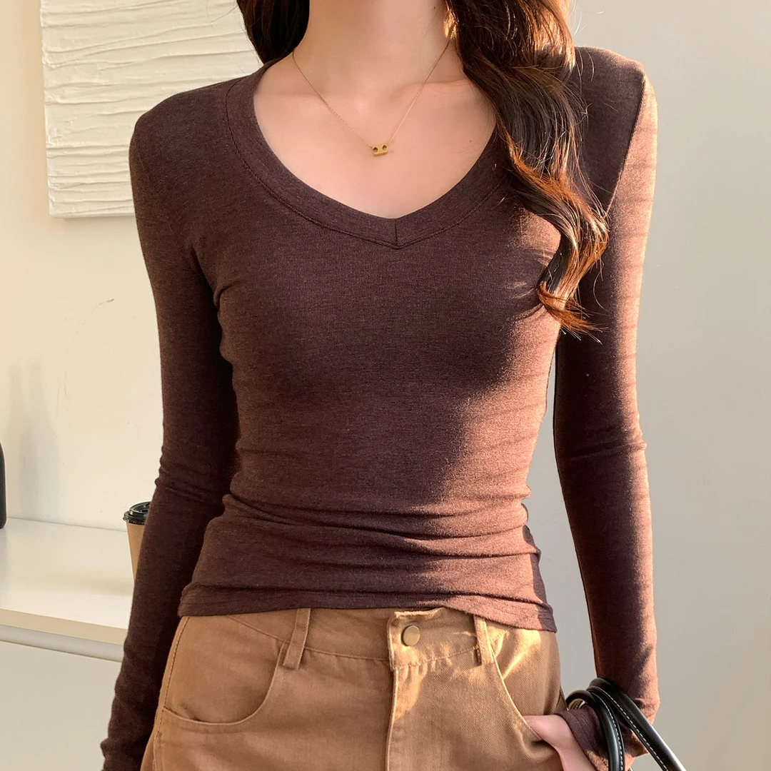 2025秋冬季美拉德V领内搭打底衫气质流行修身长袖T恤正肩磨毛上衣