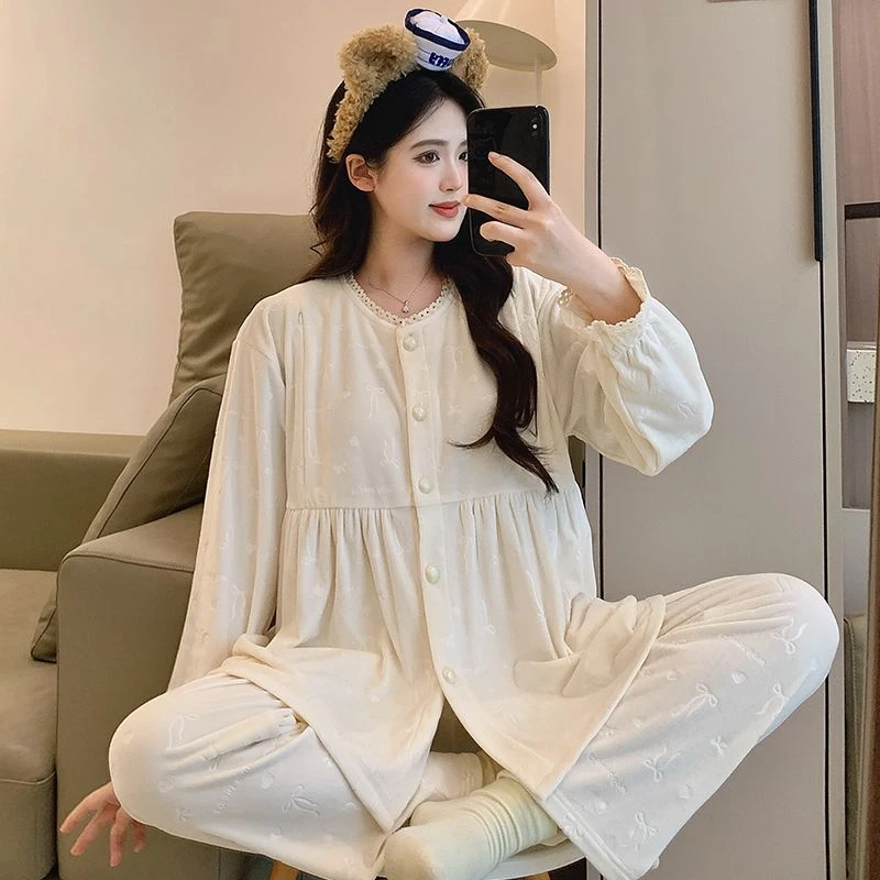 春秋冬季保暖月子服产后哺乳衣喂奶孕妇睡衣家居套装新款秋冬天
