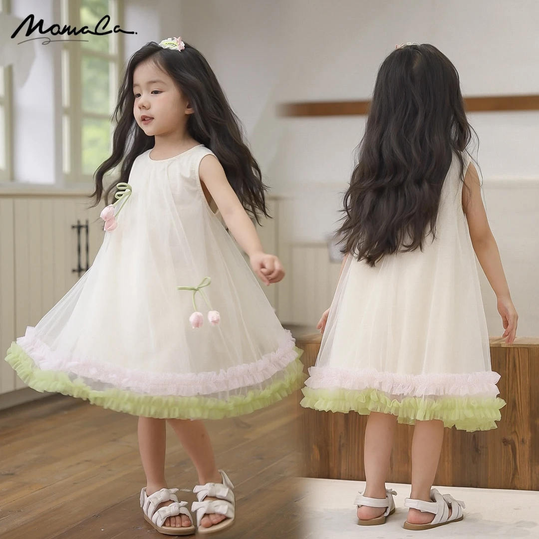 MOMOCO女童2025夏季新款纯色花朵森系无袖连衣裙77620477035