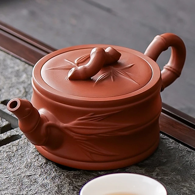 朱泥紫砂壶泡茶壶手工浮雕竹节壶中式色大容量单壶家用功夫茶具
