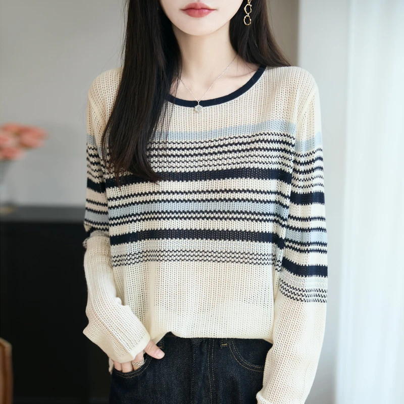 哥弟阿玛施正品秋季新款拼色镂空条纹圆领针织衫设计感亲肤百搭