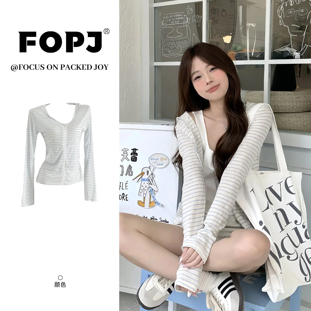 FOPJ设计感薄款条纹长袖拉链连帽防晒罩衫女夏季休闲百搭辣妹上衣