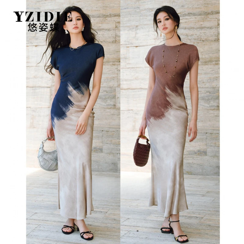 YZIDIE手工抓皱肌理料艺术渐变婀娜多姿立裁收腰鱼尾连衣裙气质